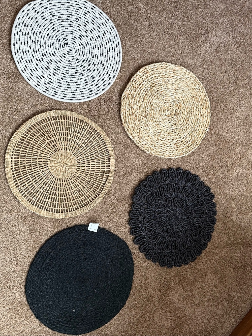 Hobby Lobby Round Placemats Set in Black, Natural, and White